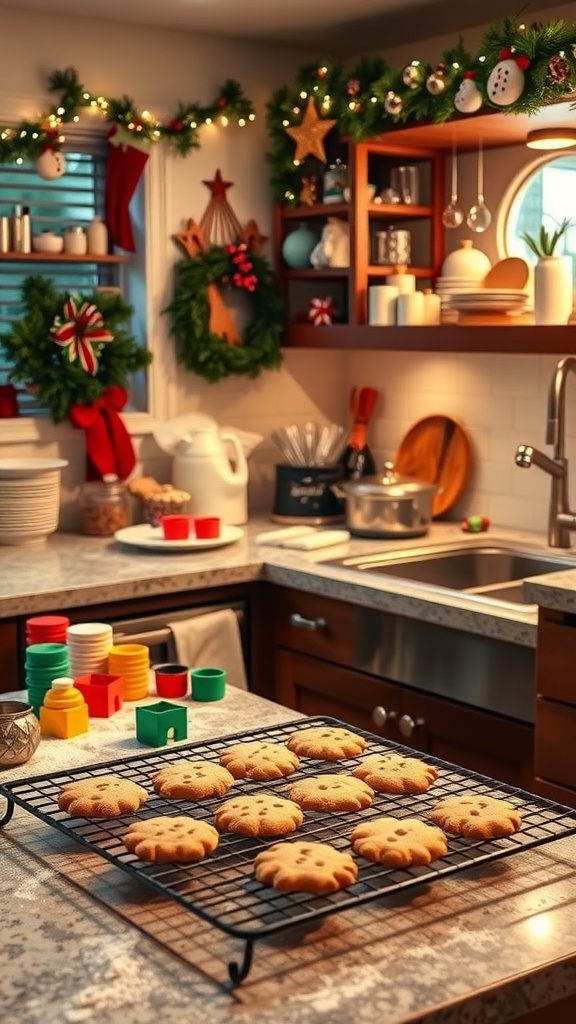A festive kitchen with Christmas cookies, decorations, and baking supplies.